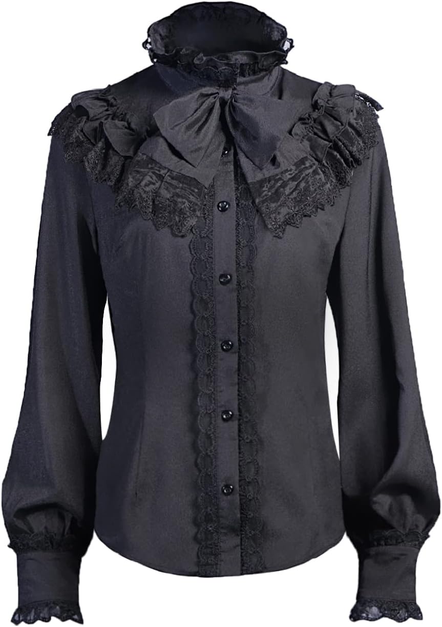 Women Victorian Blouse Long Sleeve Shirts Stand Collar Lotus Ruffle Medieval Gothic Tops - Image 3
