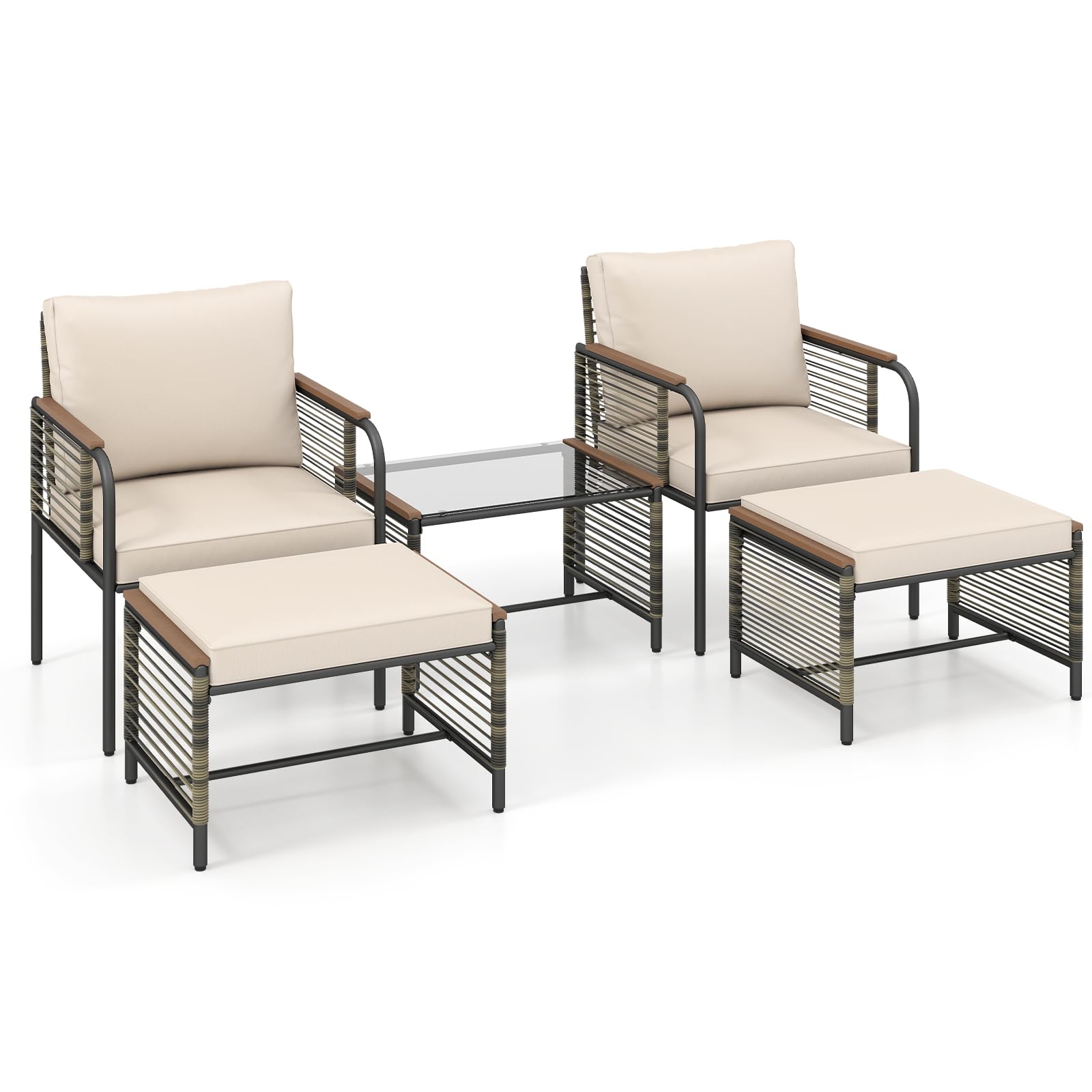 GIANTEX Set Salotto da Giardino Esterno 5 Pezzi con Cuscini, Mobili da Giardino in Rattan con 1 Tavolino in Vetro Temperato, 2 Sedie e 2 Ottomani, per Balcone, Terrazza, Patio (Beige)