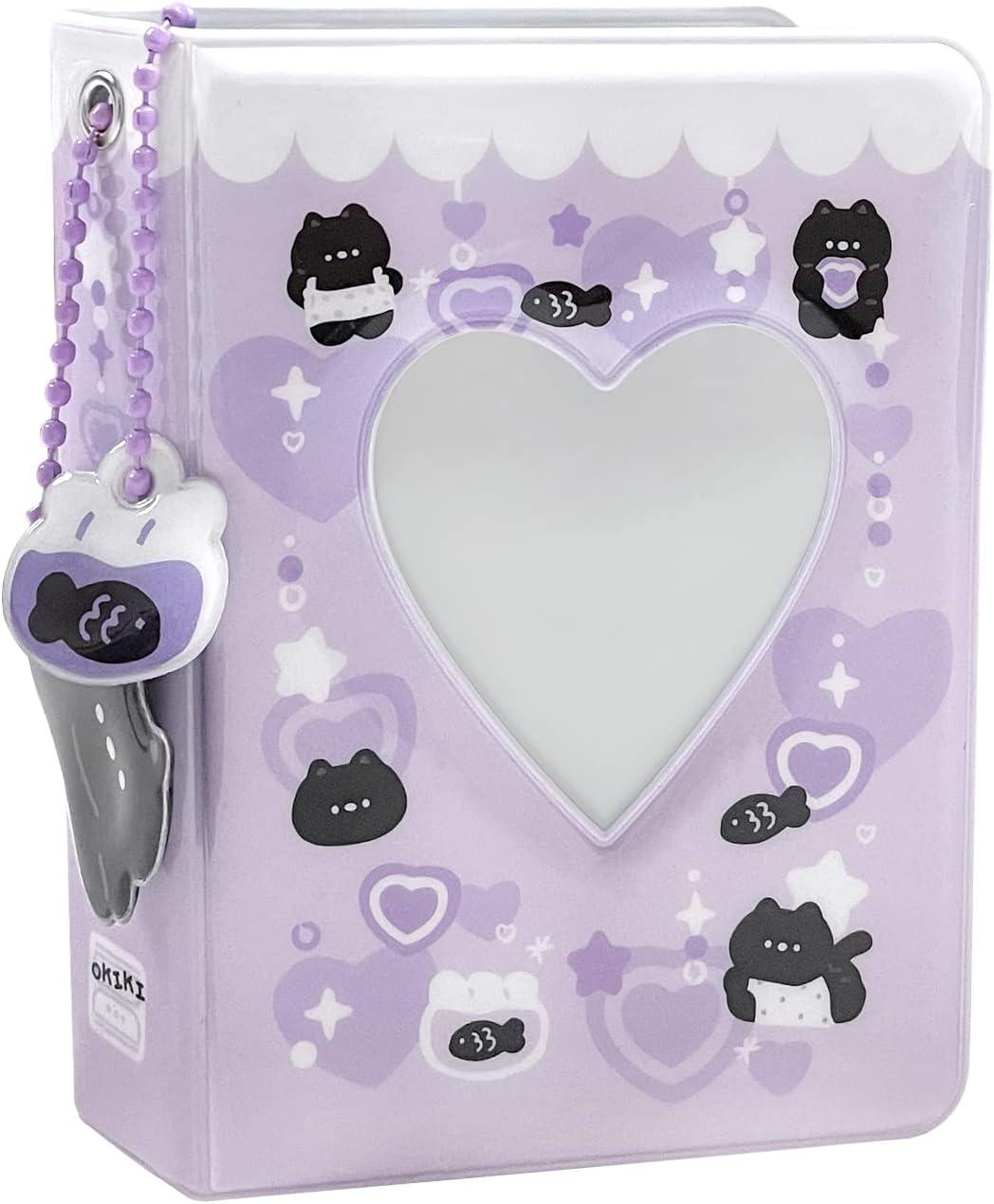 3 Inch Mini Photo Album, Heart Hollow Card Binder Photo Card Holder with Pendant 40 Pockets (purple black cat)