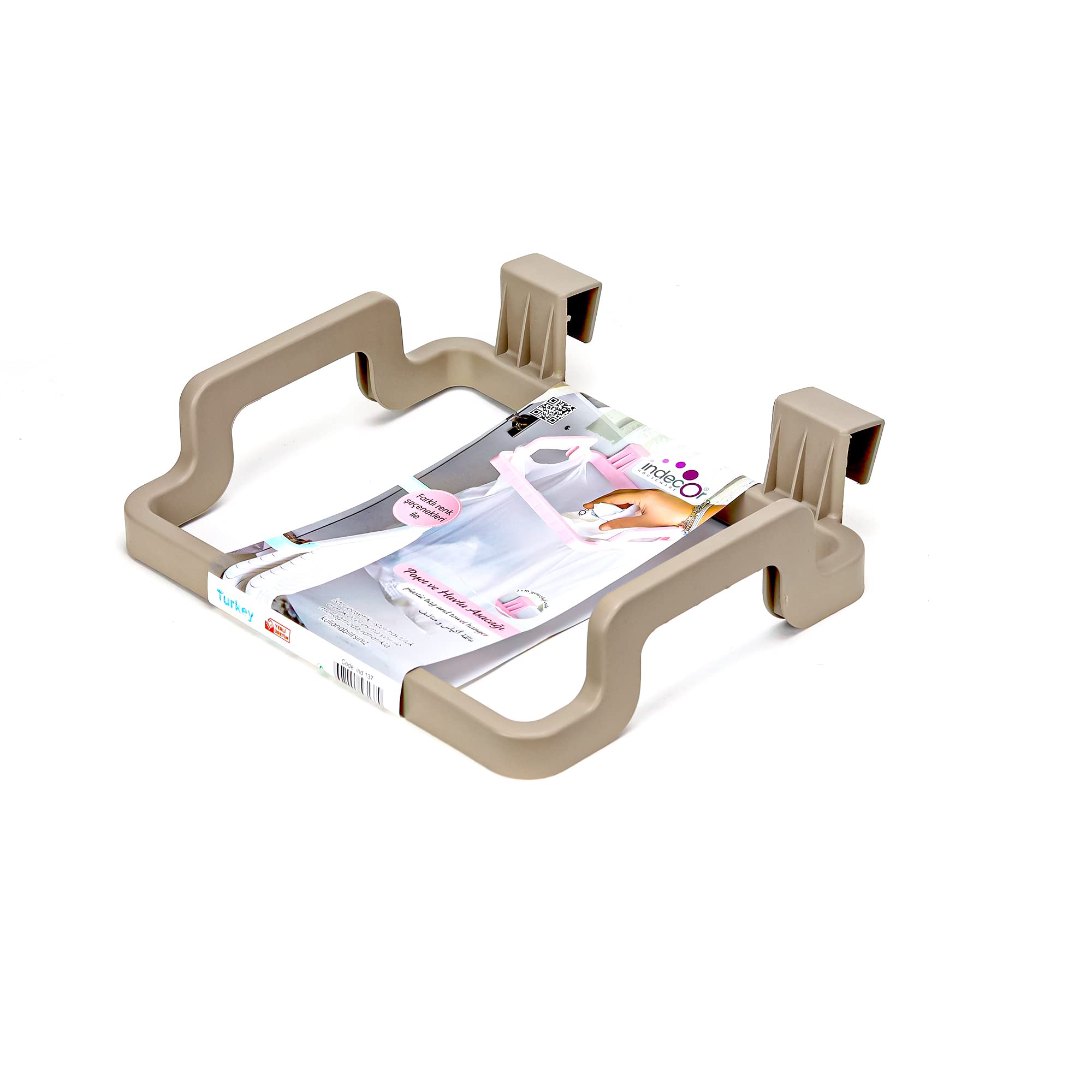 Indecor Kitchen Towel Rack Hanging Organizer Bathroom Kitchen Cabinet Cupboard Hanger Towel Holder Plastic Trash Rack Garbage Bag Holder Door Back Type Multi-functional for Kitchen (Desert Beige)