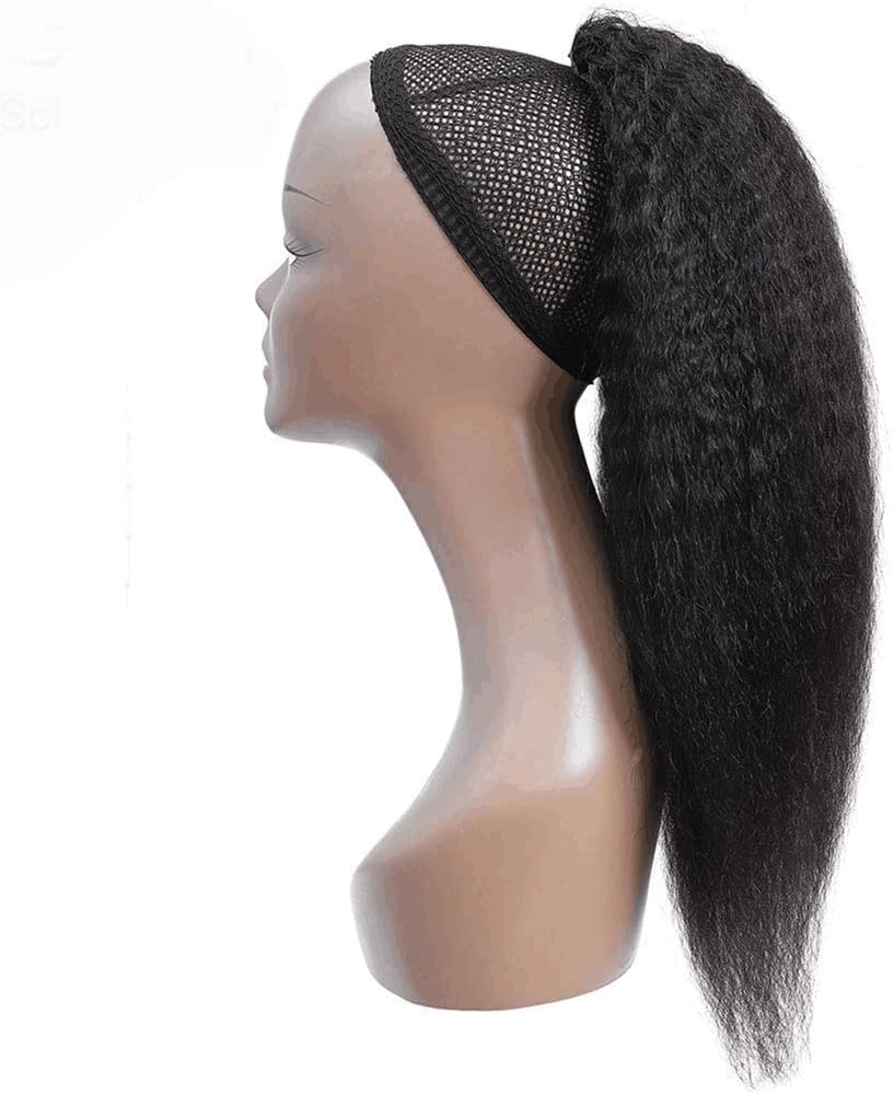 Datanala Kinky Straight Ponytail Extensions Human Hair Drawstring Ponytail Extension Brazilian Remy Kinky Straight Human Hair Ponytail Clip in Hair Extensions Nature Black Color (20Inch) - Image 4