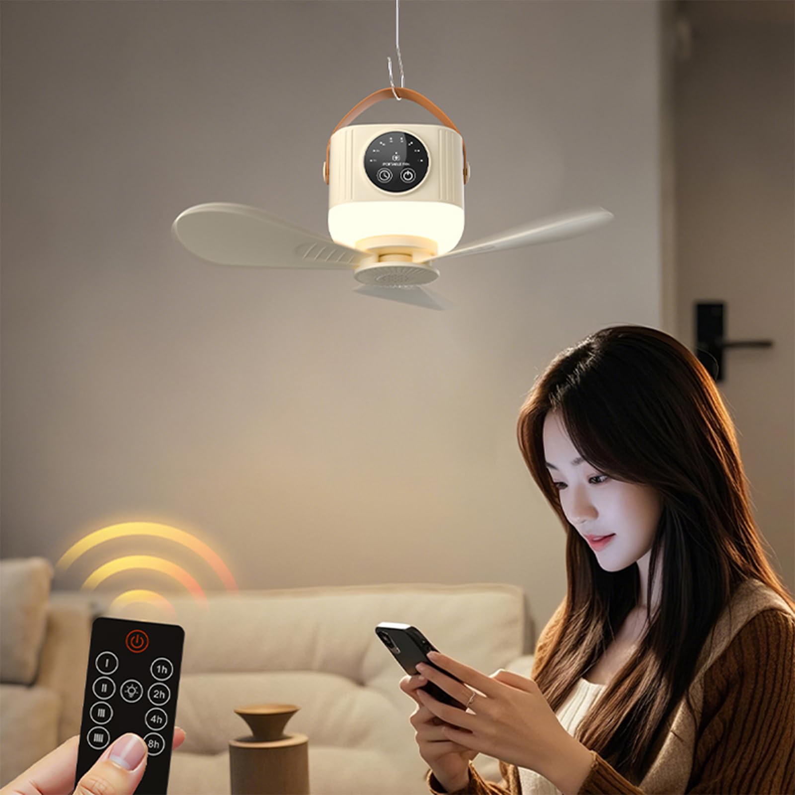 Ventilatore da tenda ricaricabile USB Ventilatore da soffitto USB Potenza remota Baldacchini a 4 velocità Appendi 7200mAh / 3600mah Luce ricaricabile