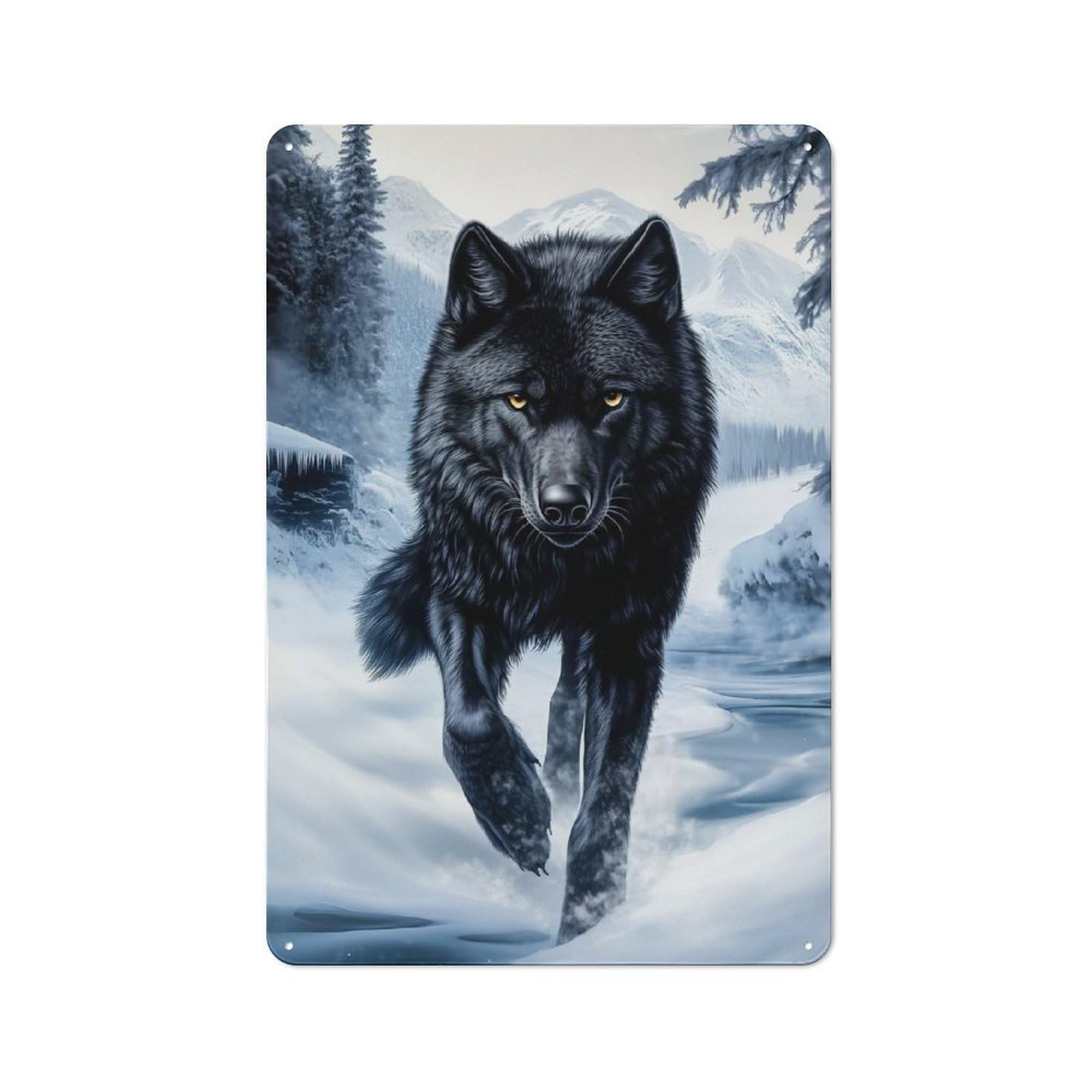 Junmoney Style-7 Metal Wall Sign 30X20cm Featuring Black Wolf In Winter Landscape For Hallway Wall, For Hallway Decor Lovers, For Retro Home Interiors