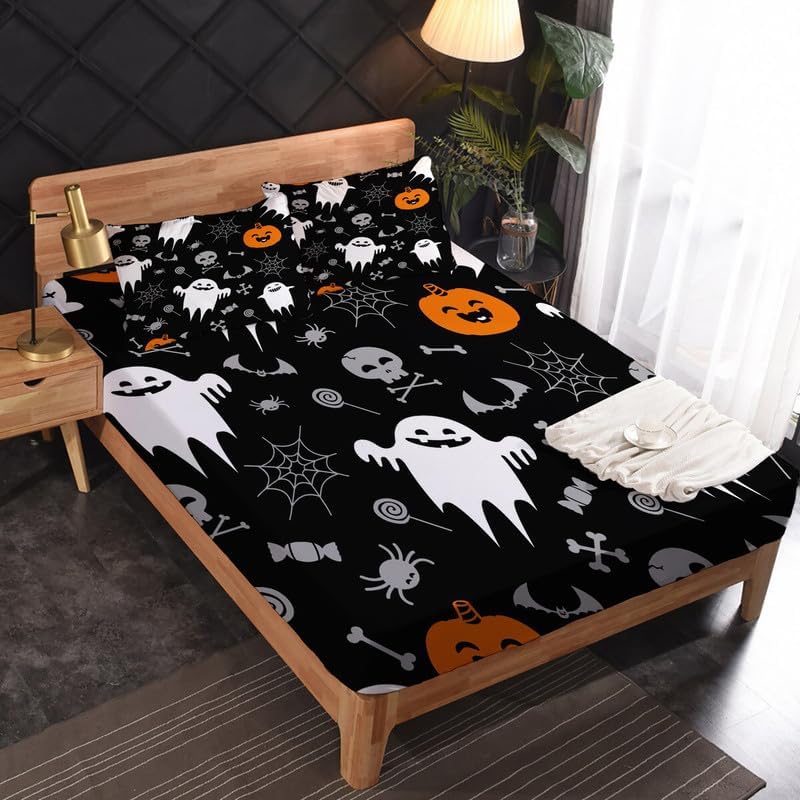 Miniatura 2 de Juego de sábanas California King  Juego de sábanas de Halloween para niños y niñas, juego de sábanas espeluznantes de telaraña, fantasma, calabaza,