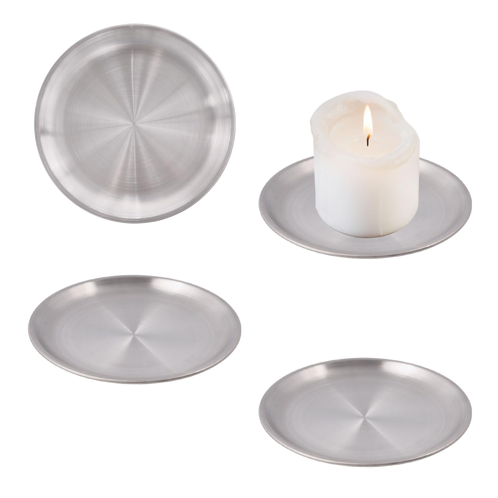 GLOBLELAND 4 Pack Silver Gray Decorative Iron Plate Candle Holder Stainless Steel Round Candles Tray Holders Set Decorative Pillar Candle Holder Dish for Table Centerpiece