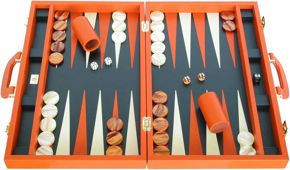 Leather Backgammon Set by Zaza & Sacci - (20" Case, Board Game) - Orange