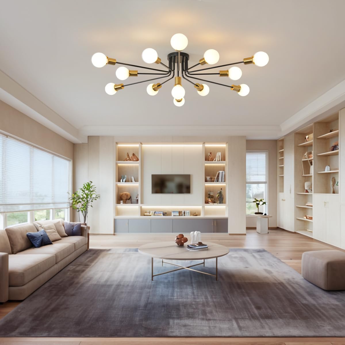 Black and Gold Oversized Semi Flush Mount Ceiling Light Fixture 13-Lights Modern Large Sputnik Chandelier for Office Living Room Bedroom Dining Room Kitchen