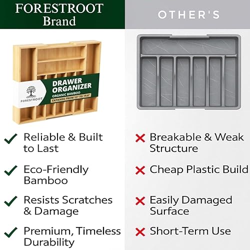 Miniatura 8 de Organizador de cajones de bambú  Bandeja extensible de 9 ranuras para cocina, oficina y cocina  Se adapta a cajones de 13 a 19.6 pulgadas, madera de