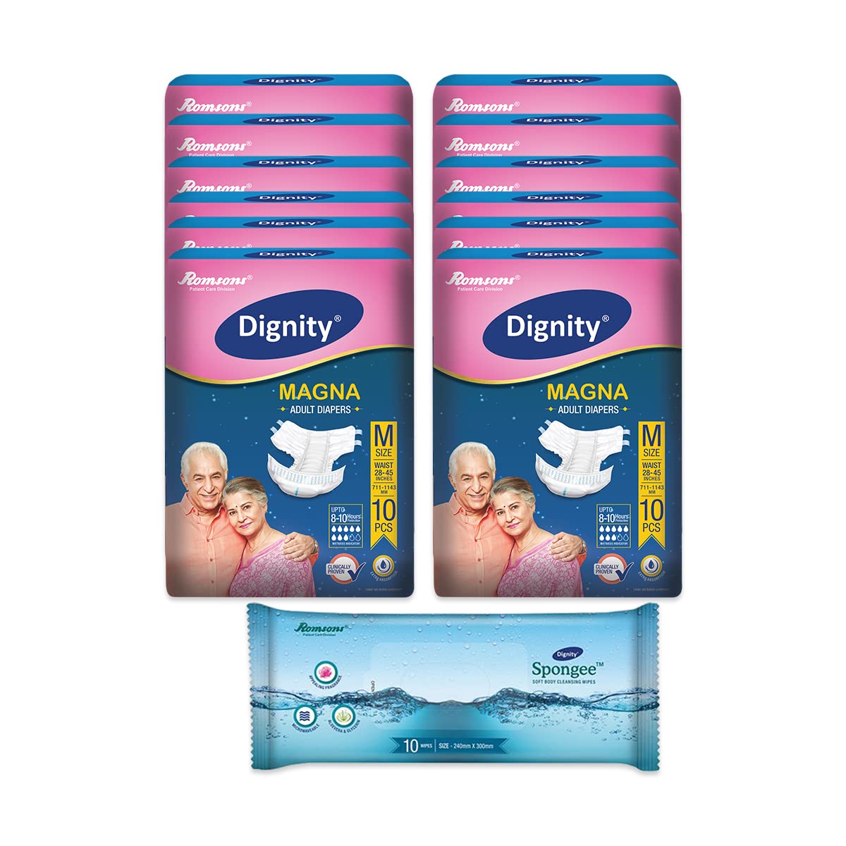Dignity Magna Adult Diapers, Medium, 10 Pcs/Pack (Pack of 12) with Spongee Body Wipes (10 Pcs/Pack)-picture-28