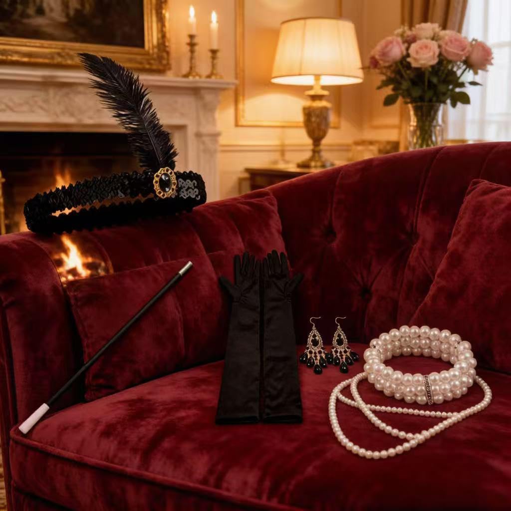Accesorios años 20 para mujer – Conjunto de 6 piezas estilo Gatsby & Charleston – Diadema con plumas, guantes de satén, collar de perlas – para noche grande de Gatsby, Halloween y fiesta de disfraces — view 7