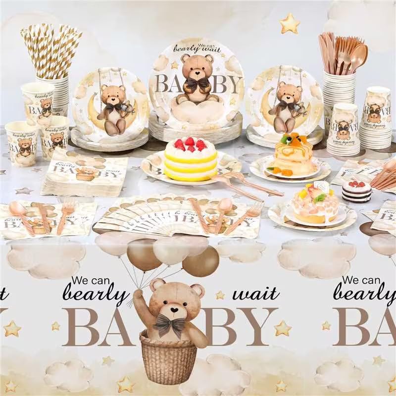 Image of Funnymoom 452 Pcs 50 Guests We Can Bearly Wait Baby Shower Decorations, Brown Neutral Baby Shower Paper Plates Napkins Cups Tablecloth Cutlery Straws Tableware Set for Gender Reveal Party Supplies