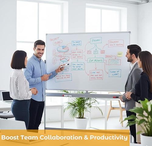 Miniatura 7 de Pizarra blanca móvil de doble cara de 72 x 48 pulgadas con soporte, pizarra magnética de borrado en seco extragrande, pizarra blanca reversible para