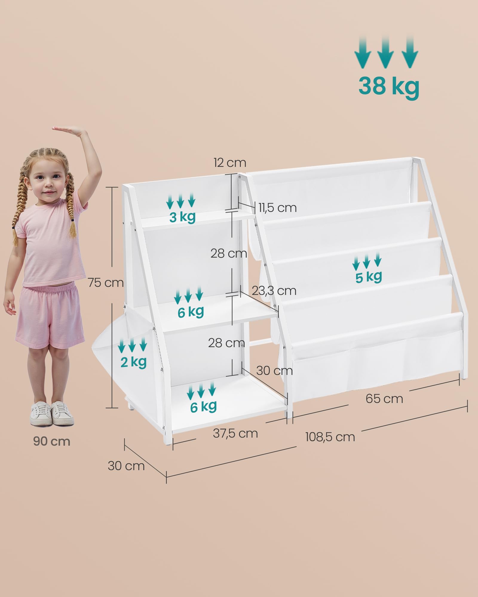 SONGMICS Libreria per Bambini, Scaffale per Giocattoli, Mobile Cameretta, Portagiochi, con Tasca Laterale, Alto 75 cm, Cameretta per Bambini, Stanza dei Giochi, Bianco GKR024W01