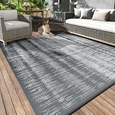 MontVoo Outdoor Rug Waterproof 6x9 ft Outdoor Carpet Patio Rug Mat Reversible RV Camping Rug Plastic Straw Outside Rug for Balcony Porch Deck Picnic Beach-Boho Outdoor Area Rug fot Patio Decor Grey