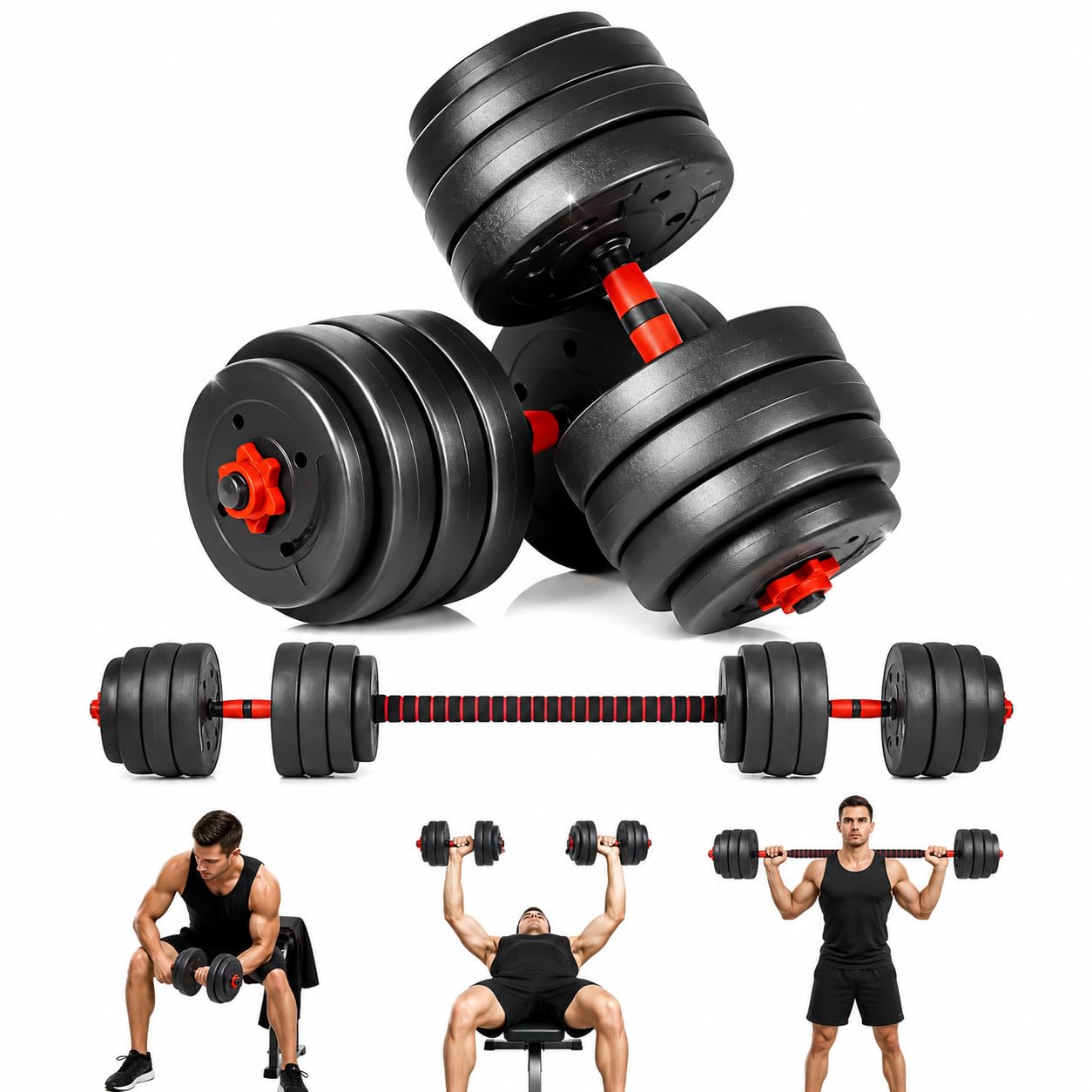 Adjustable Dumbbell Set 10kg–50kg 2-in-1 Dumbbell and Barbell Weight Set with Weight Plates, Connector Bar and Spinlock Collars, Home Gym Strength Training Equipment, 15KG Set