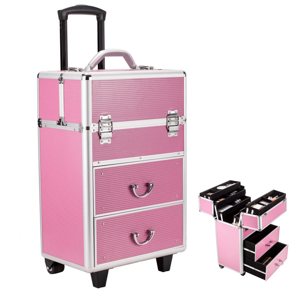 Rolling Makeup Train Case 4 Tiers, Lockable Aluminum Makeup Travel Organizer Cosmetic Case with Extendable Trays Size 14" L x 9" W x 22.4" H Rose Pink