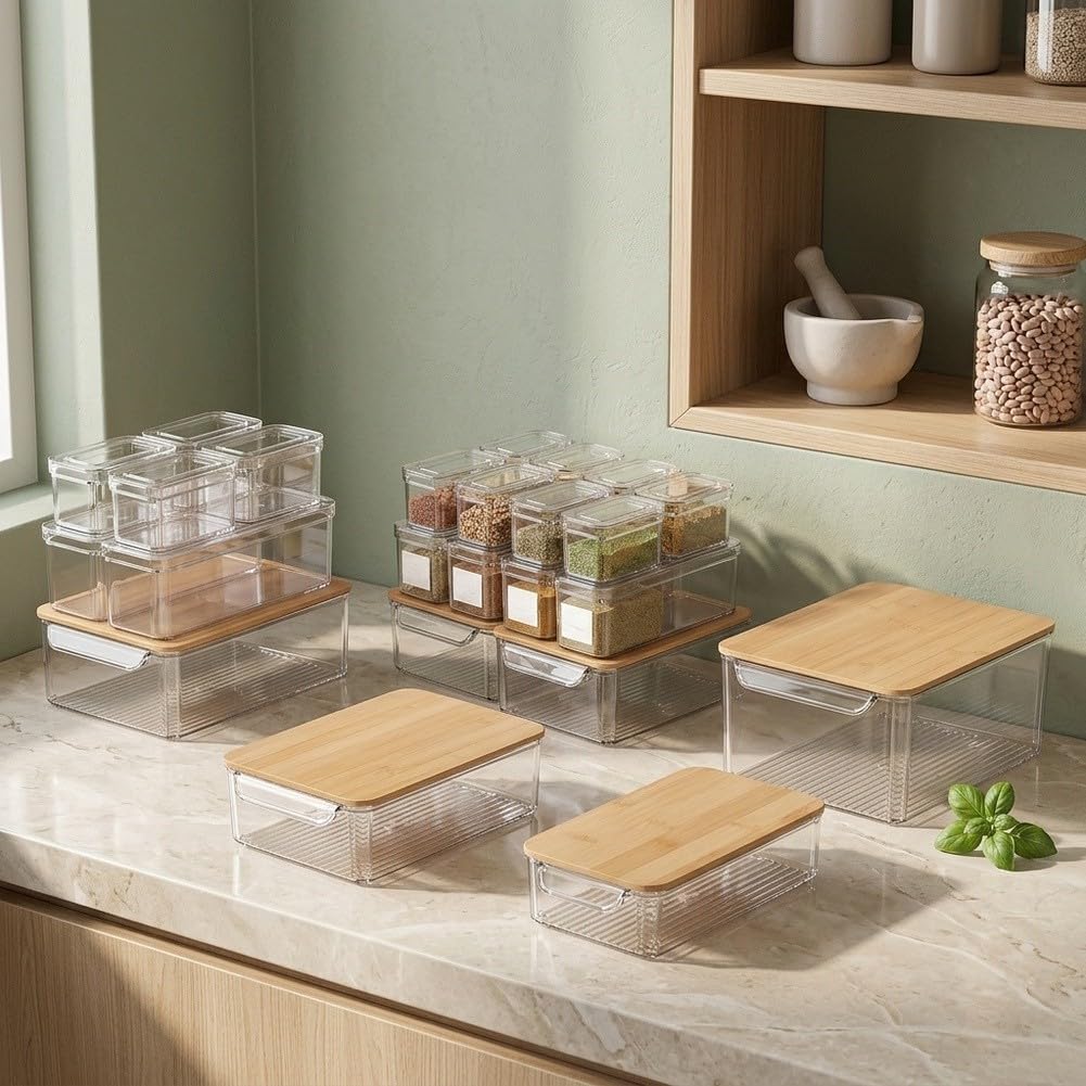 Organizadora Nevera PET Transparente con Tapa para madera Organizadora(Fourteen-piece set) | PET transparente, tapa para madera natural, tabla cortar integrada, , para fácil manual