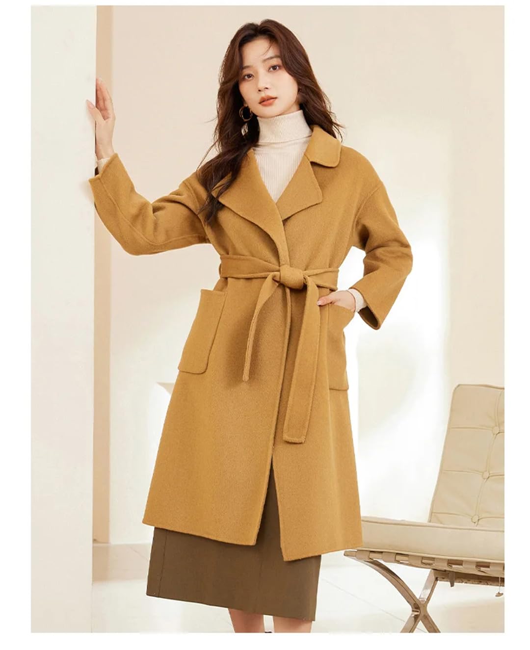 Hdhdeueh Abrigos largos de lana para mujer con cinturón, abrigo de lana sólida de doble cara, gabardina de invierno con solapa, rosso, L