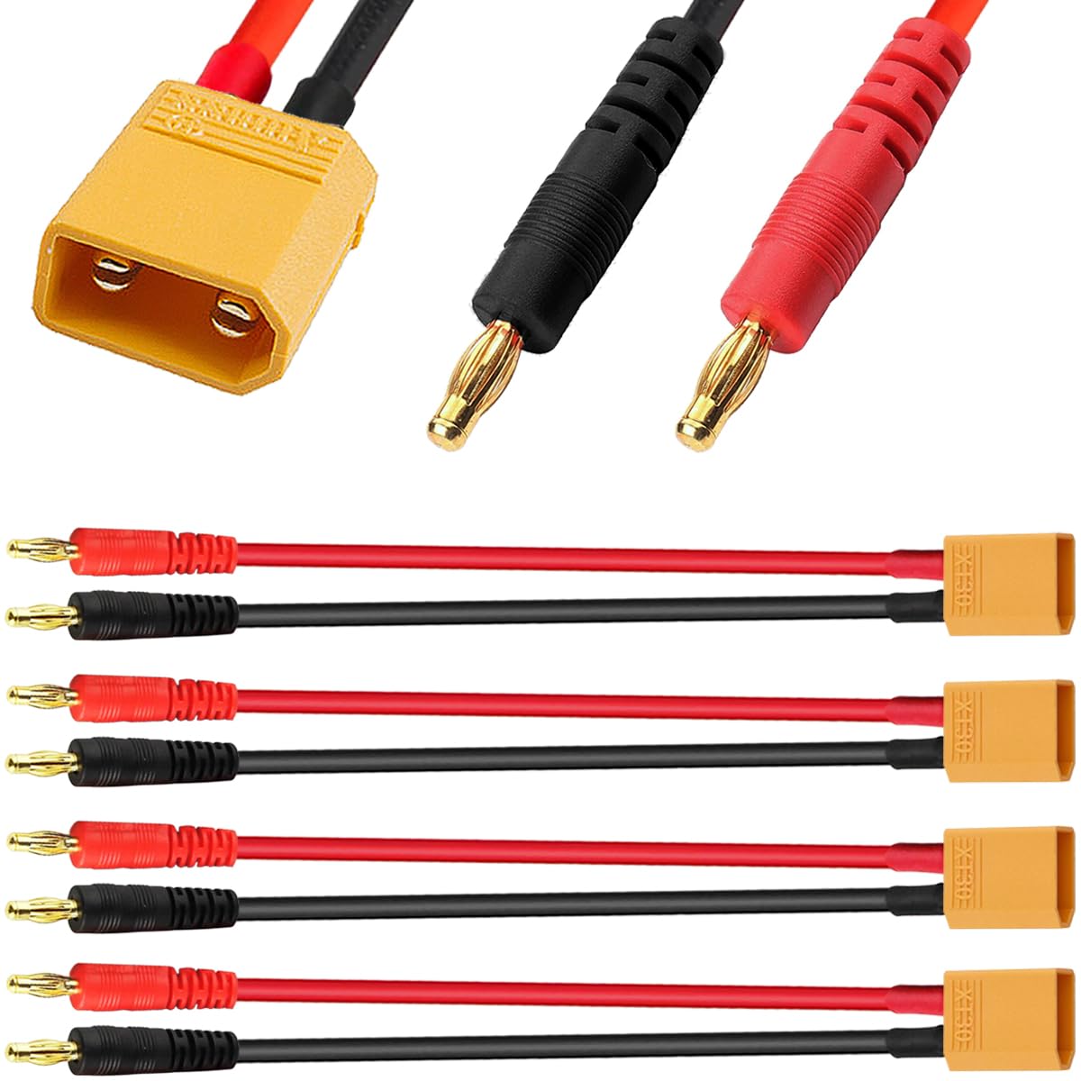 HAAMNING7 4 Pcs XT30 to 4.0 Banana Plug RC Battery Charging Cable 16AWG XT30 Male to Banana Adapter Connector, for RC Helicopter FPV Quadcopter