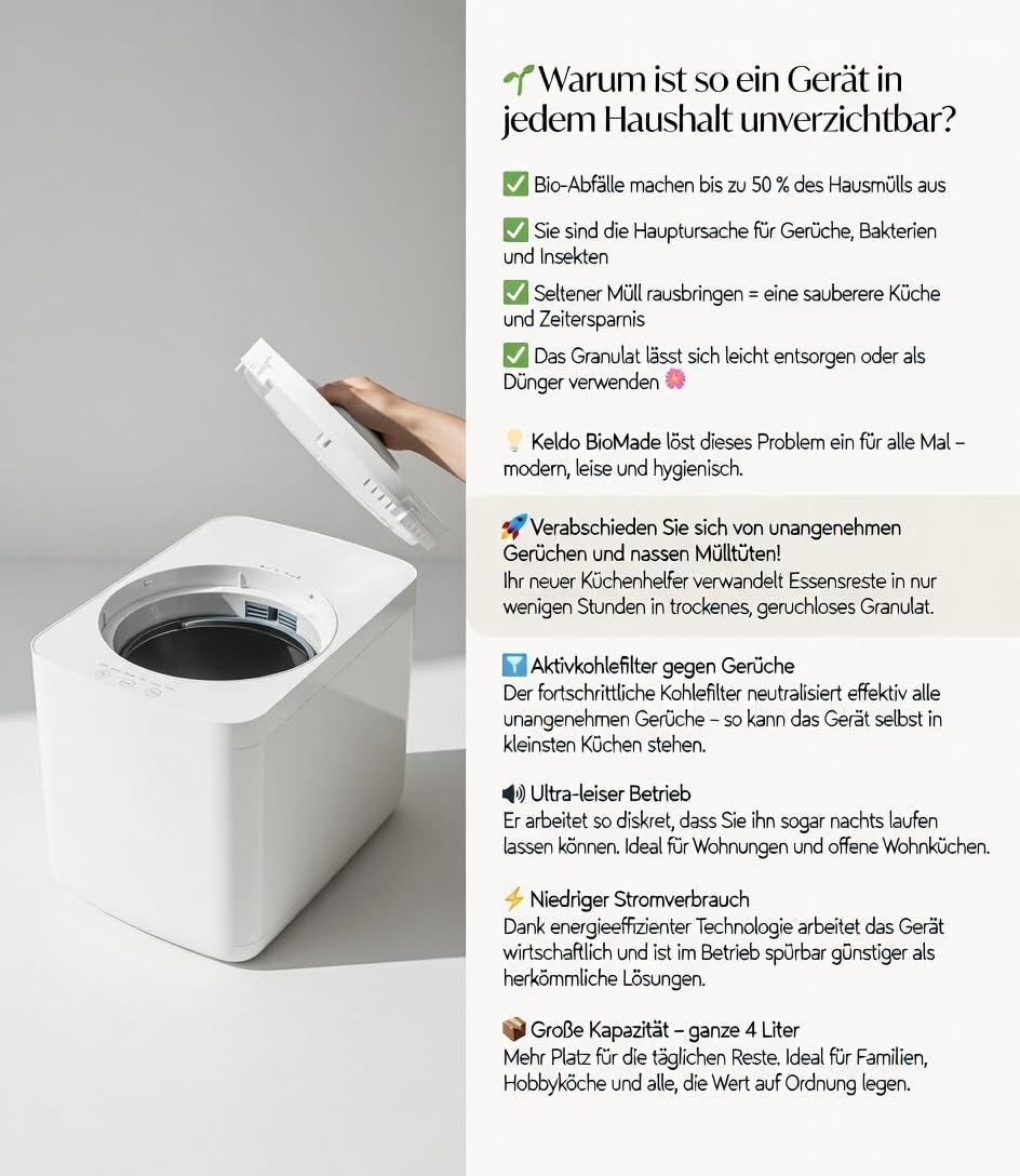 Elektrischer Komposter Küche 4L Weiß – Küchenkomposter Elektrisch mit modernem Design & kompakten Maßen, 4 Modi, Aktivkohlefilter