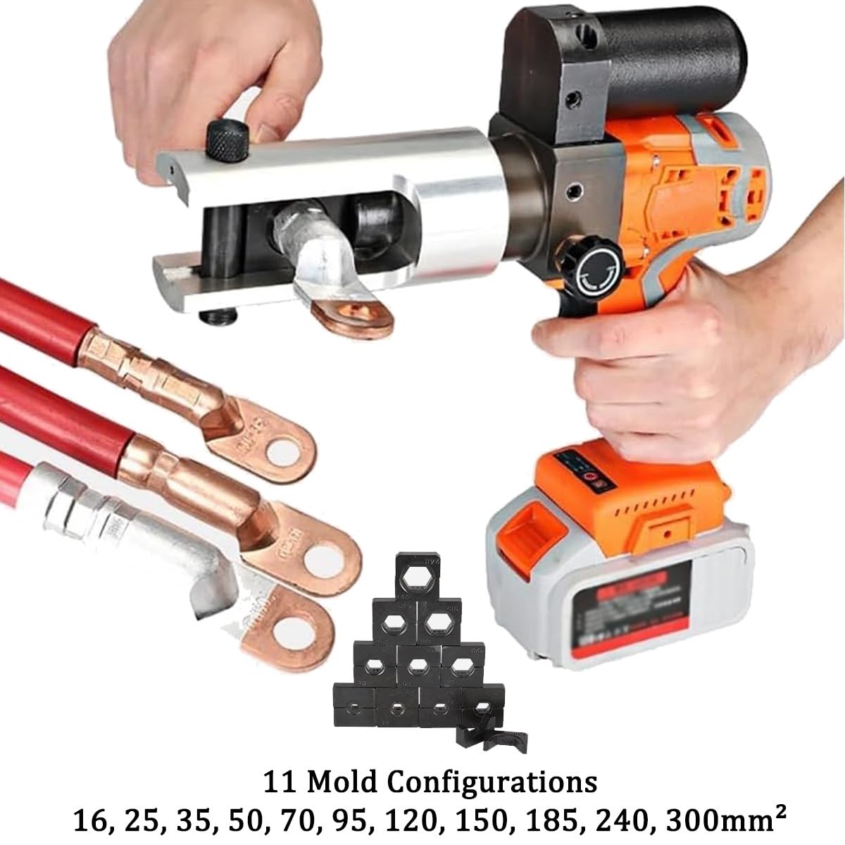 Elektryczne hydrauliczne narzędzie do zaciskania, akumulatorowe hydrauliczne szczypce do zaciskania z 2 akumulatorami do końcówek miedzianych i aluminiowych, zakres zaciskania 16–300 mm²