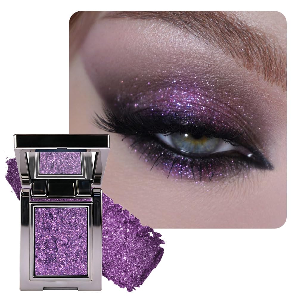 Sparkly Eyeshadow Palette for Women, Single Monochrome Eye Shadow Makeup, Shiny Pressed Cream Powder, Blendable Natural sombras para ojos, Holographic,Vegan,Travel (08-sparkly-Purple)