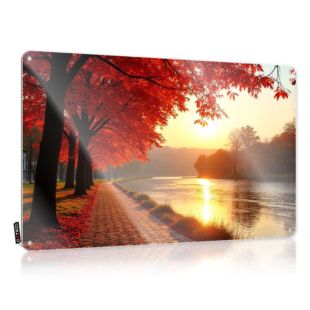 Plaques Tin Ready To Hang - Autumn Leaves Line A Serene Lakeside Path At Sunset. Accessories For Patio Bar(30X40CM)