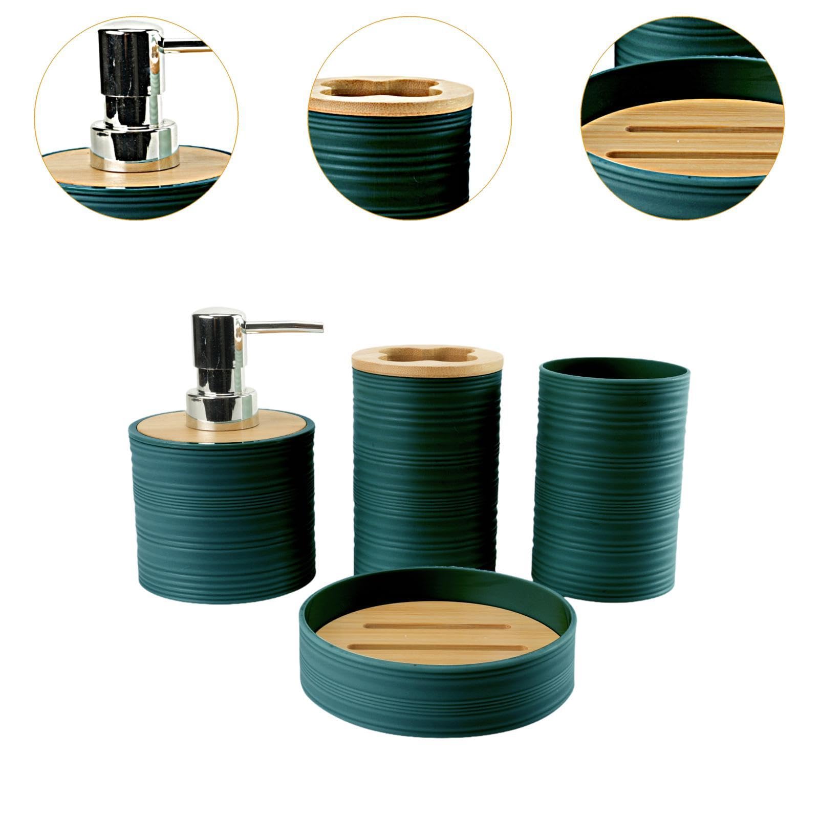 4 Piezas Set de Accesorios de Baño Dispensador de Jabón Porta Cepillos Vaso para Enjuague Jabonera Material Plástico Resistente Adecuado para Hogar, Verde Oscuro, Individual
