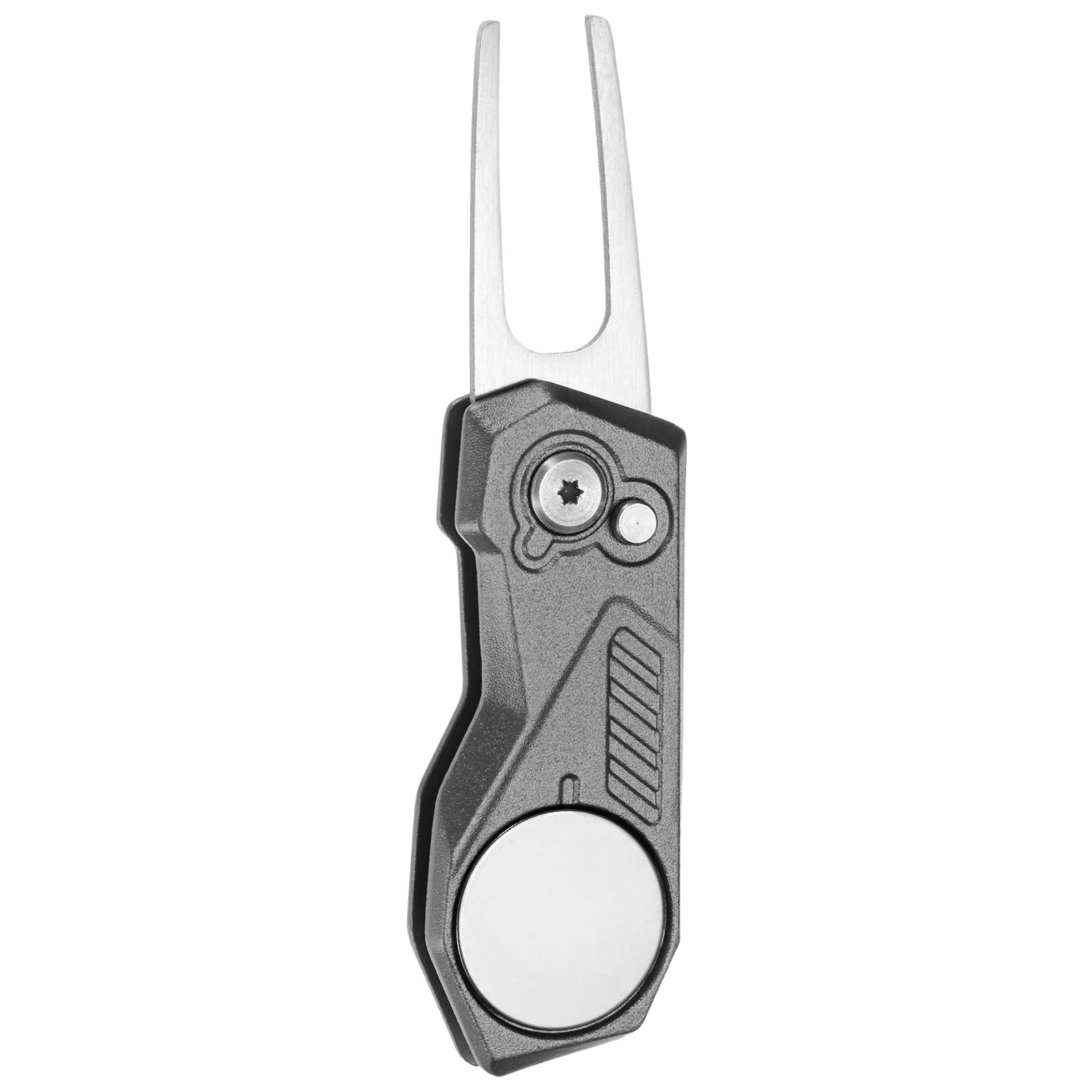 TIXIPEM Golf Divot Repair Tool- Switch Foldable Divot Tool with Magnetic Ball Marker & Open Button Use for Golf Accessories & Gifts - [Gray] Green Fork Tines