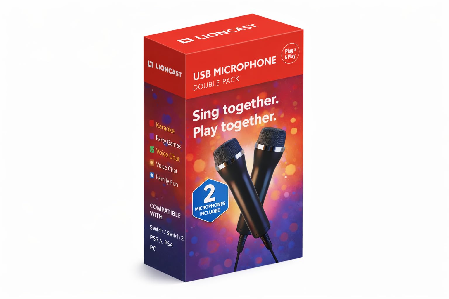 Lioncast Pair Of Universal USB Microphones Compatible with Computer and Karaoke Gaming; Compatible with Wii, PS5/Playstation 5, PS4 &amp; PC Games as SingStar, Lets Sing, We Sing; 3m cable – Black