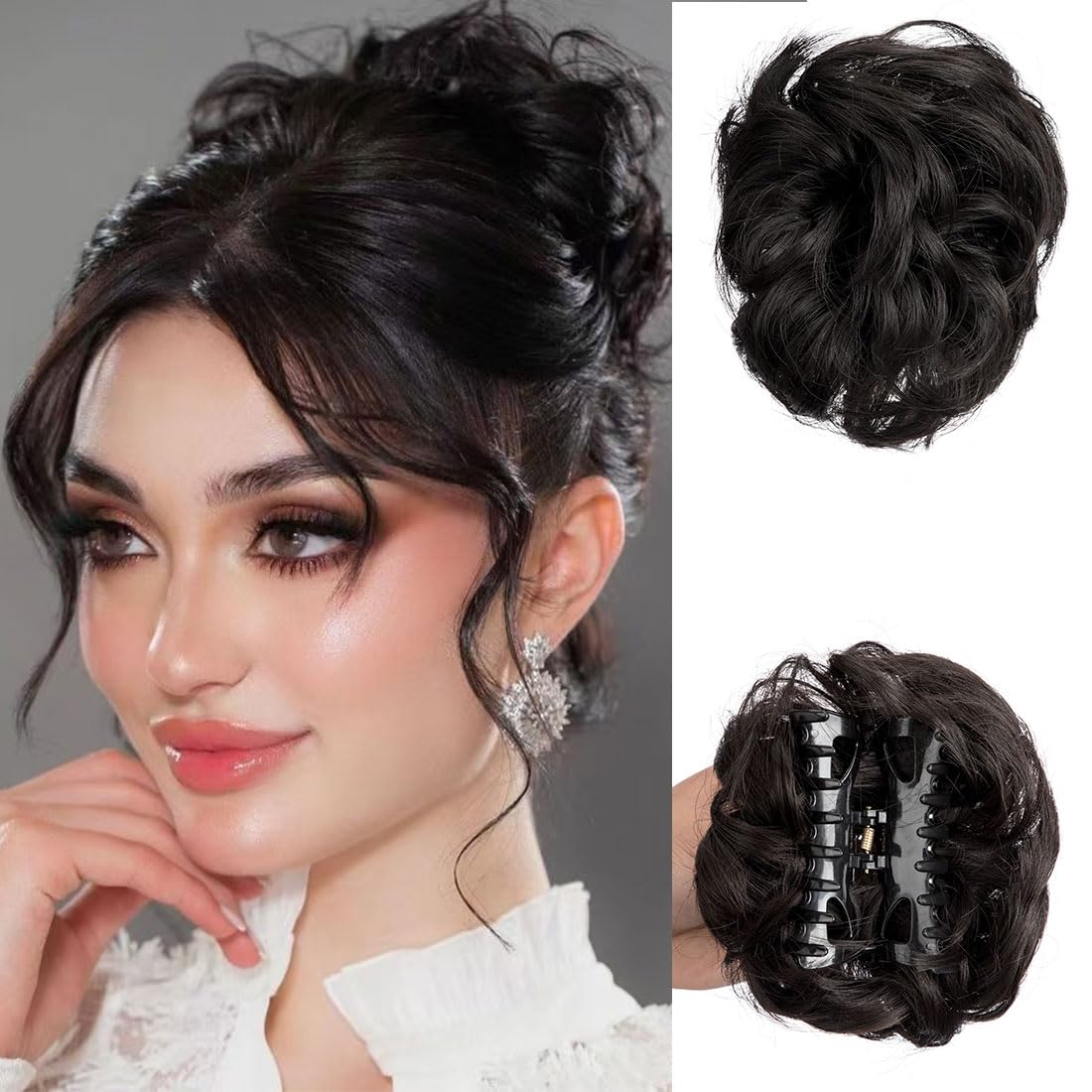 Claw Clip Messy Bun Hair Piece Tousled Updo Hair Buns Extension Elastic Hair Band Hair Pieces Curly Scrunchie For Women (Natural Black)