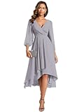 Women's Chiffon V Neck Long Sleeves Pleated A-Line Midi Length Wedding Guest Dress 01926