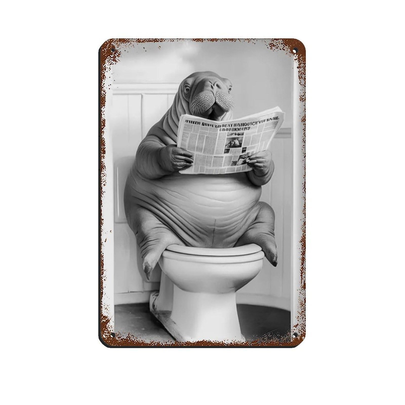 Walrus Sitting on The Toilet Reading A Newspaper Retro Poster Metal Tin Sign Chic Art Retro Iron Painting Bar People Cave Cafe Family Garage Poster Wall Decoration 8x12inch(20x30cm)