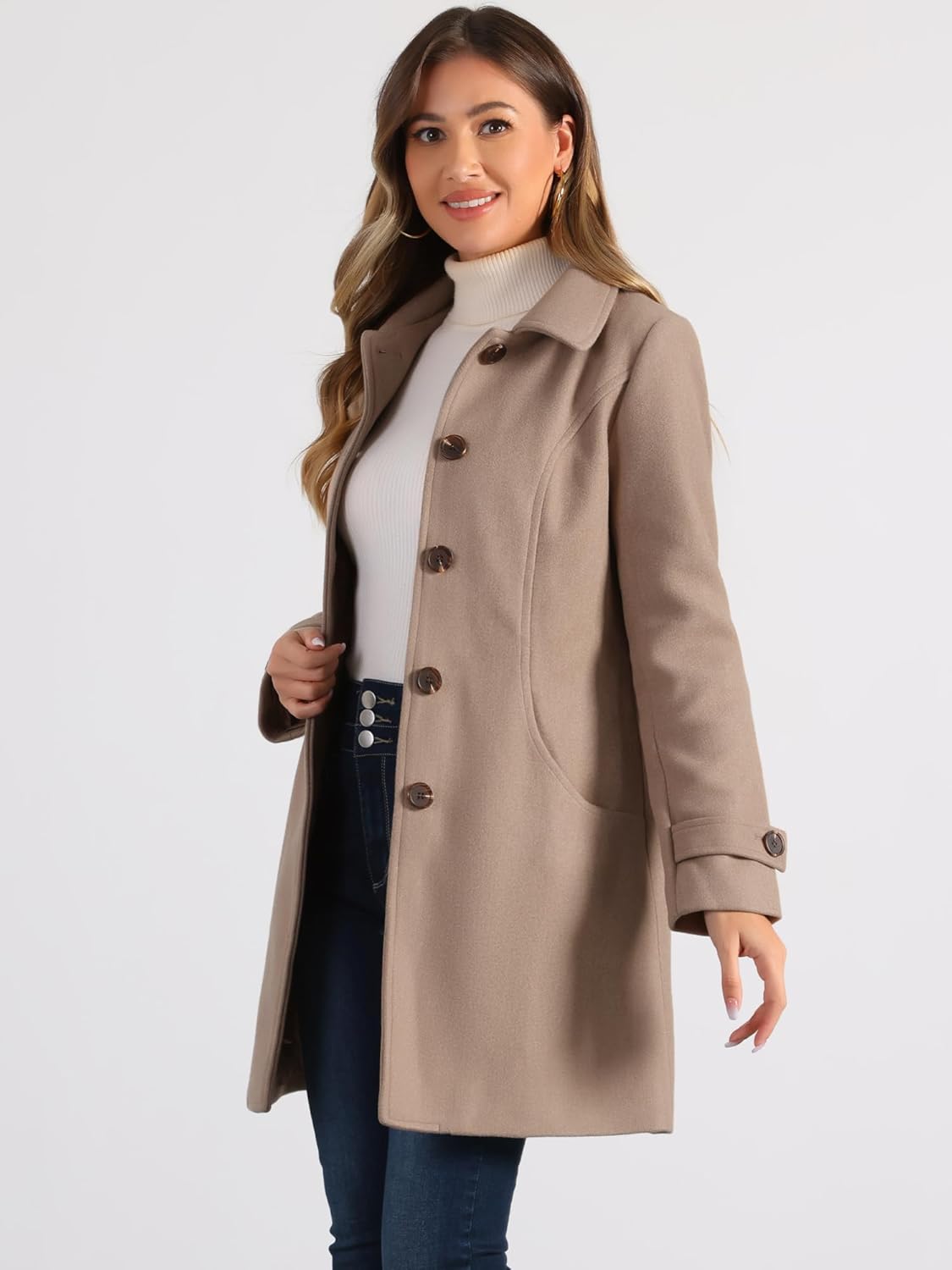 Allegra K Women's Winter Outerwear Overcoat Peter Pan Collar Mid-thigh A-line Single Breasted Pea Coat - Image 3