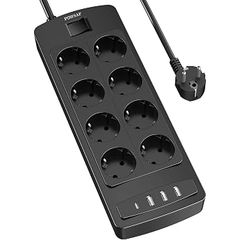 POWSAF 8-Way Power Strip with 4 USB Power Strip with Switch Multi-Socket with USB-C for Home/Office Black