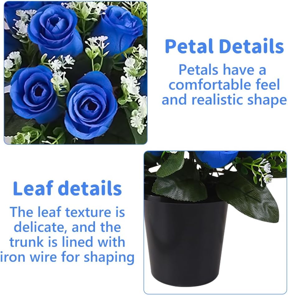 Artificial Flowers for Graves, 25cm Grave Flowers, 2 Pcs Grave Pots with Artificial Flower, 12 Head Roses Funeral Flowers, Artificial Flower for Cemetery, Memorial, Christmas (Blue)
