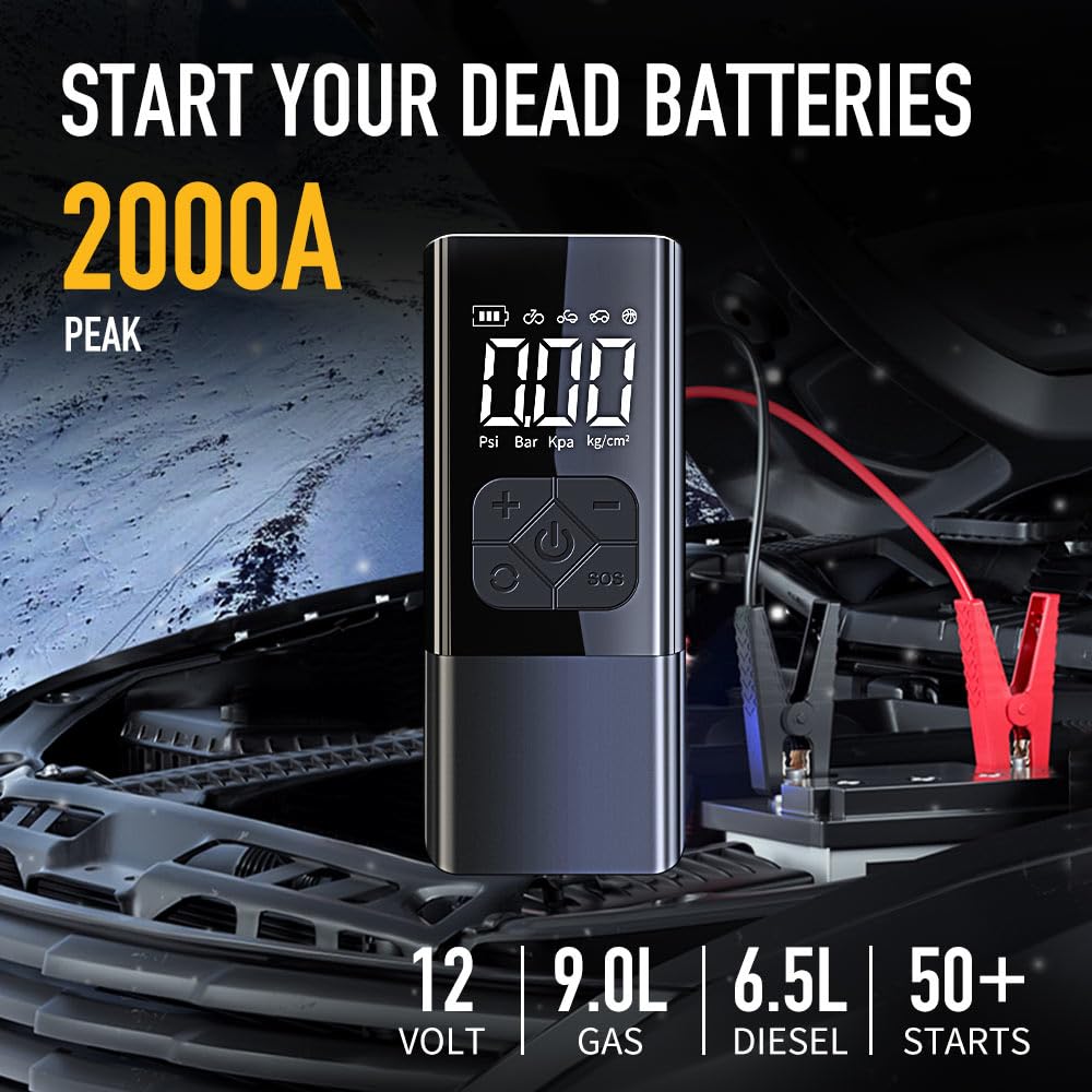 Tire Inflator Portable Air Compressor with Jump Starter - 150PSI & 8000mAh Car Battery Jump Starter with Tire Pressure Gauge,Electric Air Pump for Car Tires,Motorcycle,Bike, Balls