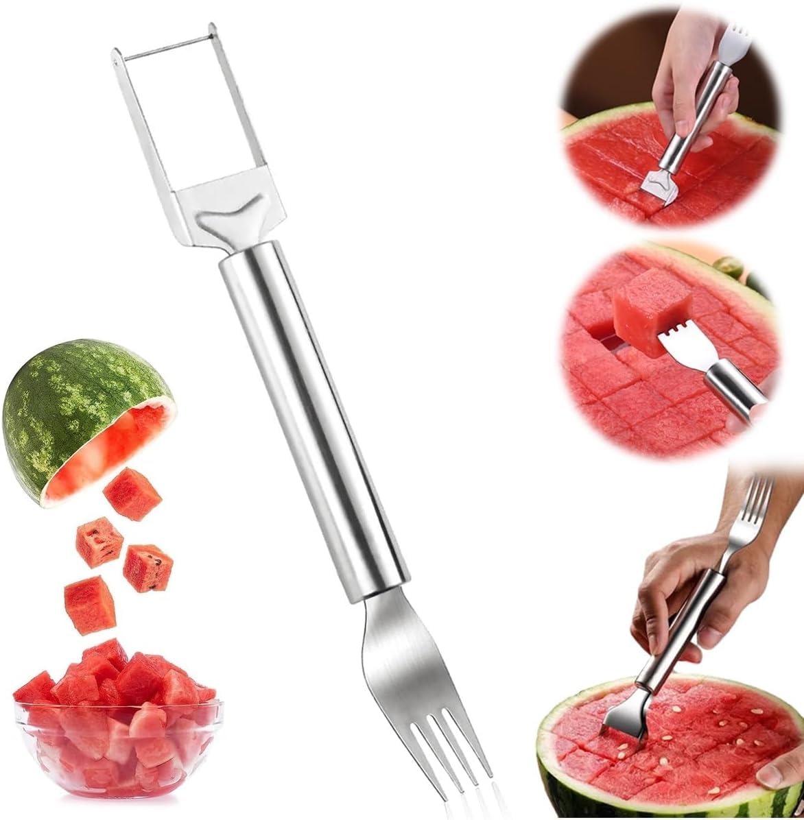 Upgraded 2-in-1 Stainless Steel Fruit Cutter，2025 New Watermelon Slicer Watermelon Cutter Melon Cutter Tool, Summer Fruit Cutting Fork for Home，
