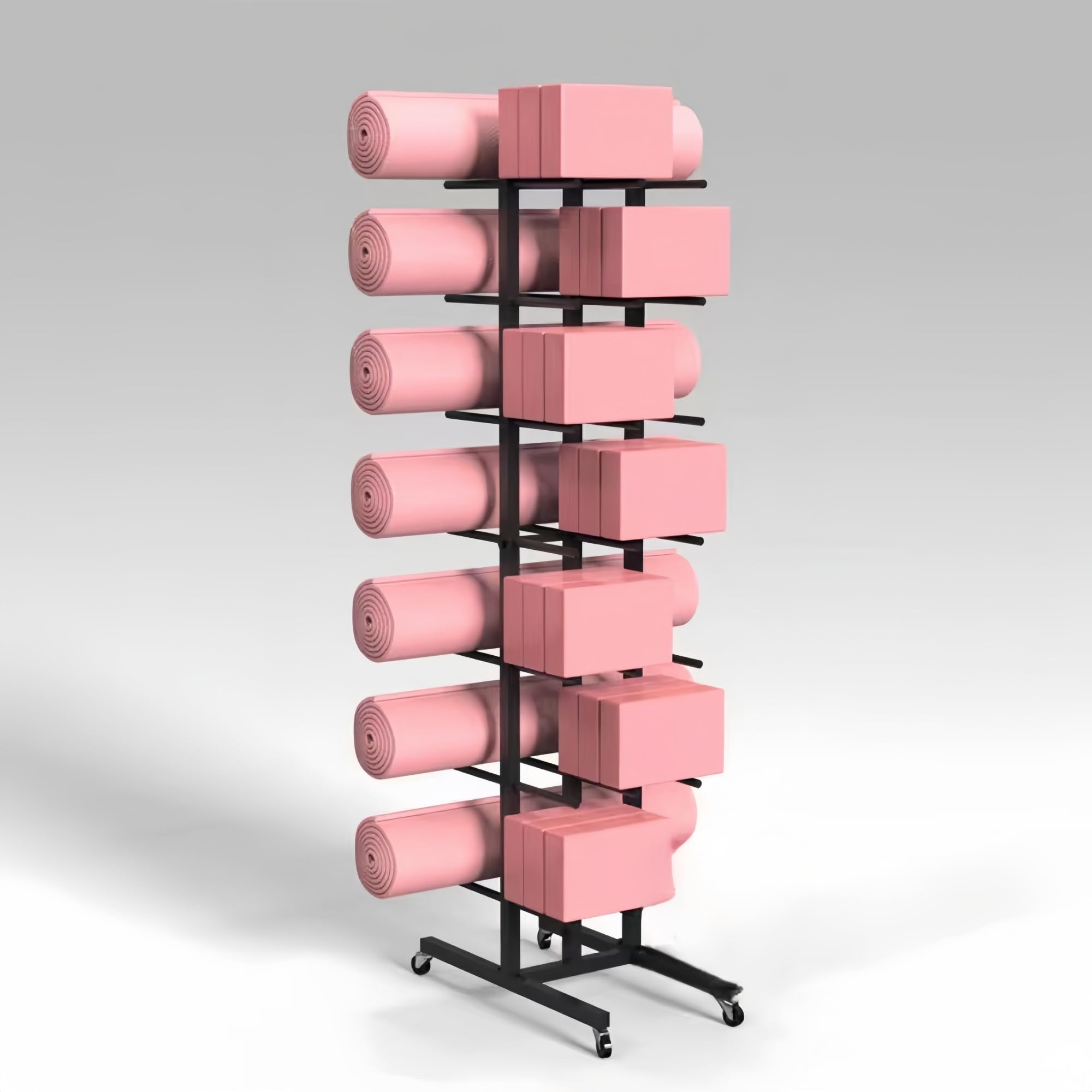 Estante de almacenamiento para esterilla de yoga con ruedas, organizador de gimnasio en casa para esterillas de yoga, rodillos de espuma, bandas de resistencia y mancuernas