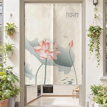 MYRU Japanese Noren Doorway Curtain Tapestry Green Lotus,33.5 Inches x 59 Inches