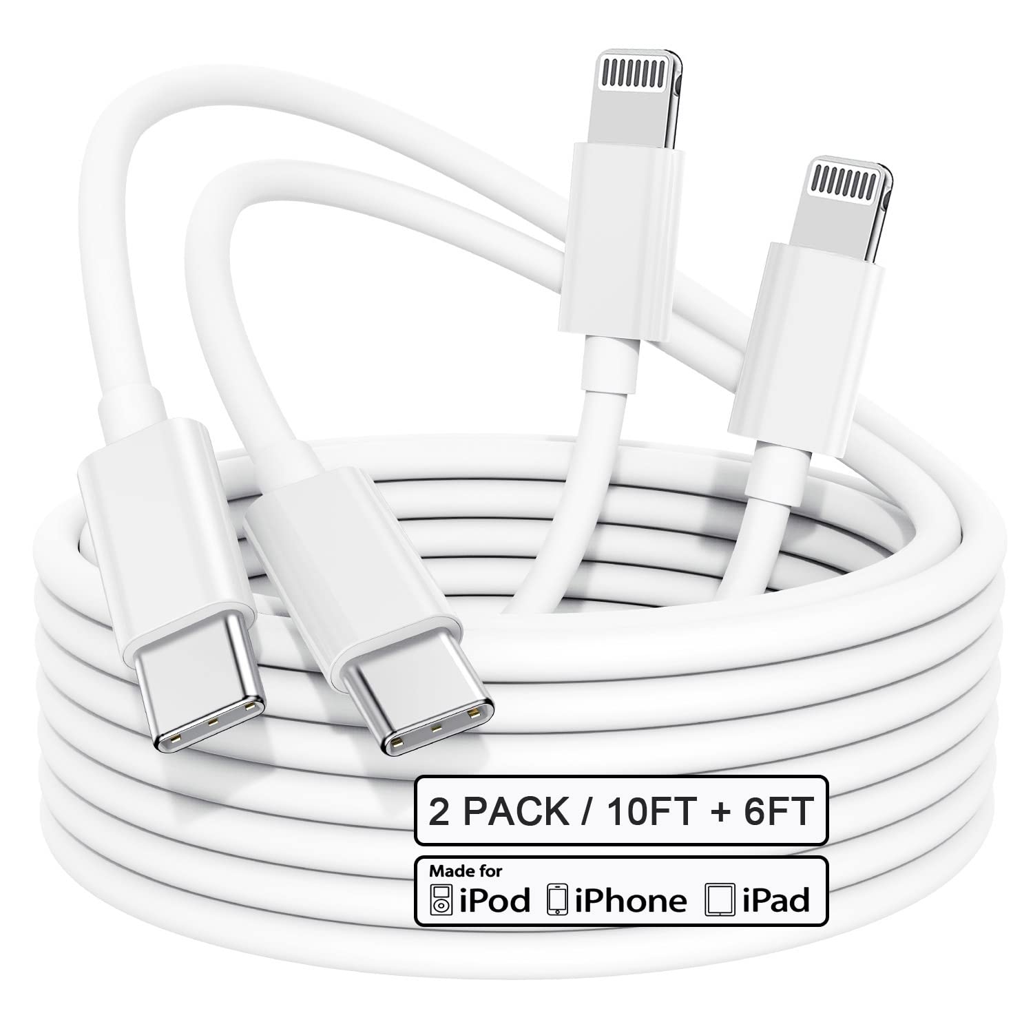 Photo 1 of [Apple MFi Certified] USB C to Lightning Cable 2 Pack (6Ft+10Ft), iPhone Fast Charger Cord, Apple Charging Cords for iPhone 13/13 pro/12/12 Mini/12 Pro Max/11/X/XR/XS/8/iPad (Charger Not Included)