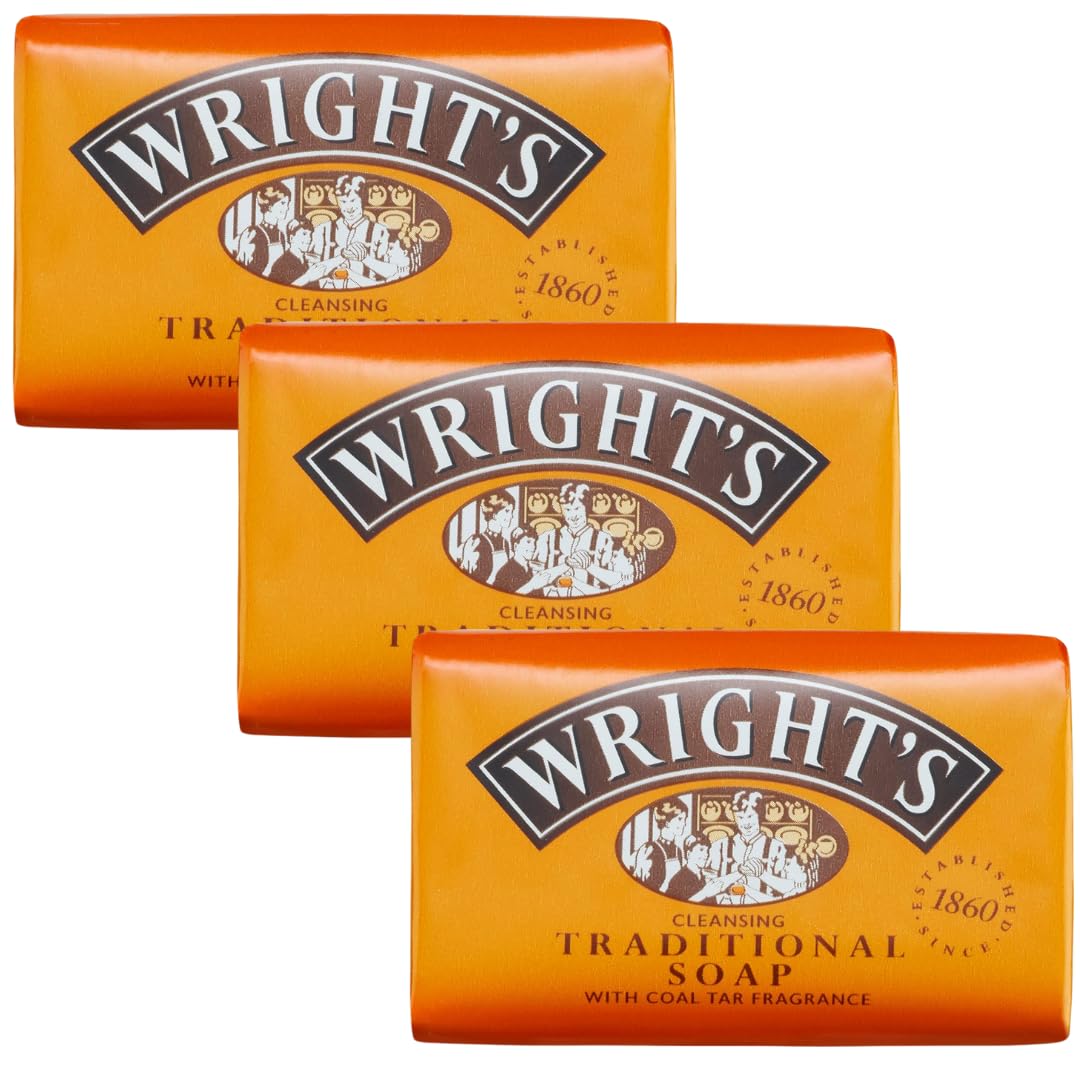Wright's Traditional Coal Tar Soap Bar - Antibacterial Bar Soap with Natural Coal Tar Fragrance for All Skin Types - 125g Pack of 3 Natural Soap Bars for Everyday Cleansing