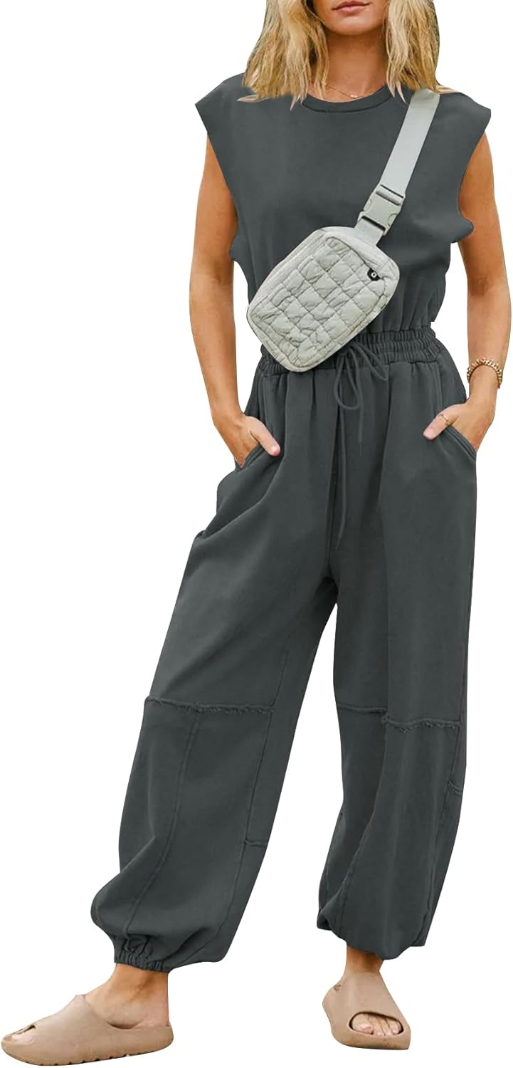 Kissonic Jumpsuits for Women Casual Crewneck Cap Sleeve Drawstring Romper One Piece Outfits with Pockets