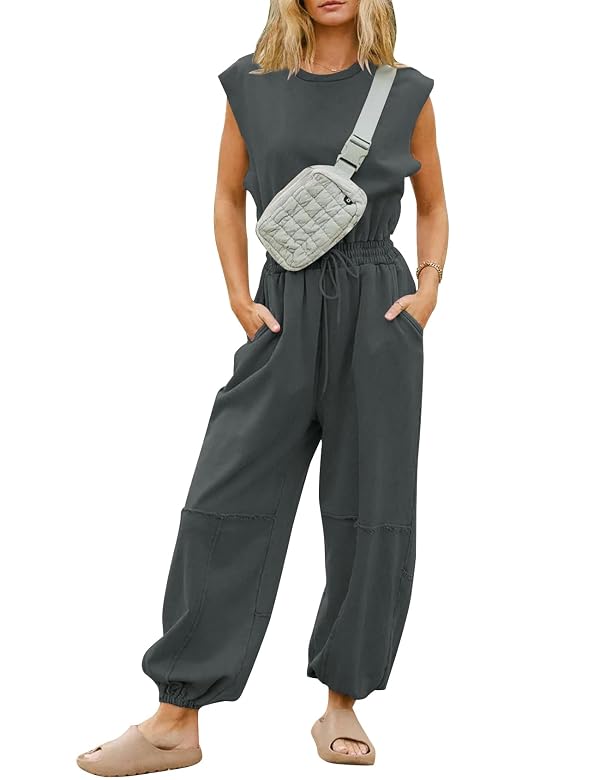 Flygo Womens Casual Jumpsuit Crewneck Cap Sleeve Long Wide Leg Pants One Piece Outfits Drawstring Romper with Pockets(Darkgrey-L) by Flygo - Used condition - US$19.93
