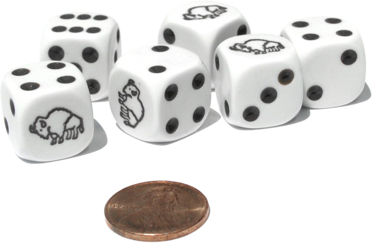 Set of 6 Bison 16mm D6 Round Edge Koplow Animal Dice - White with Brown Pips by Koplow Games