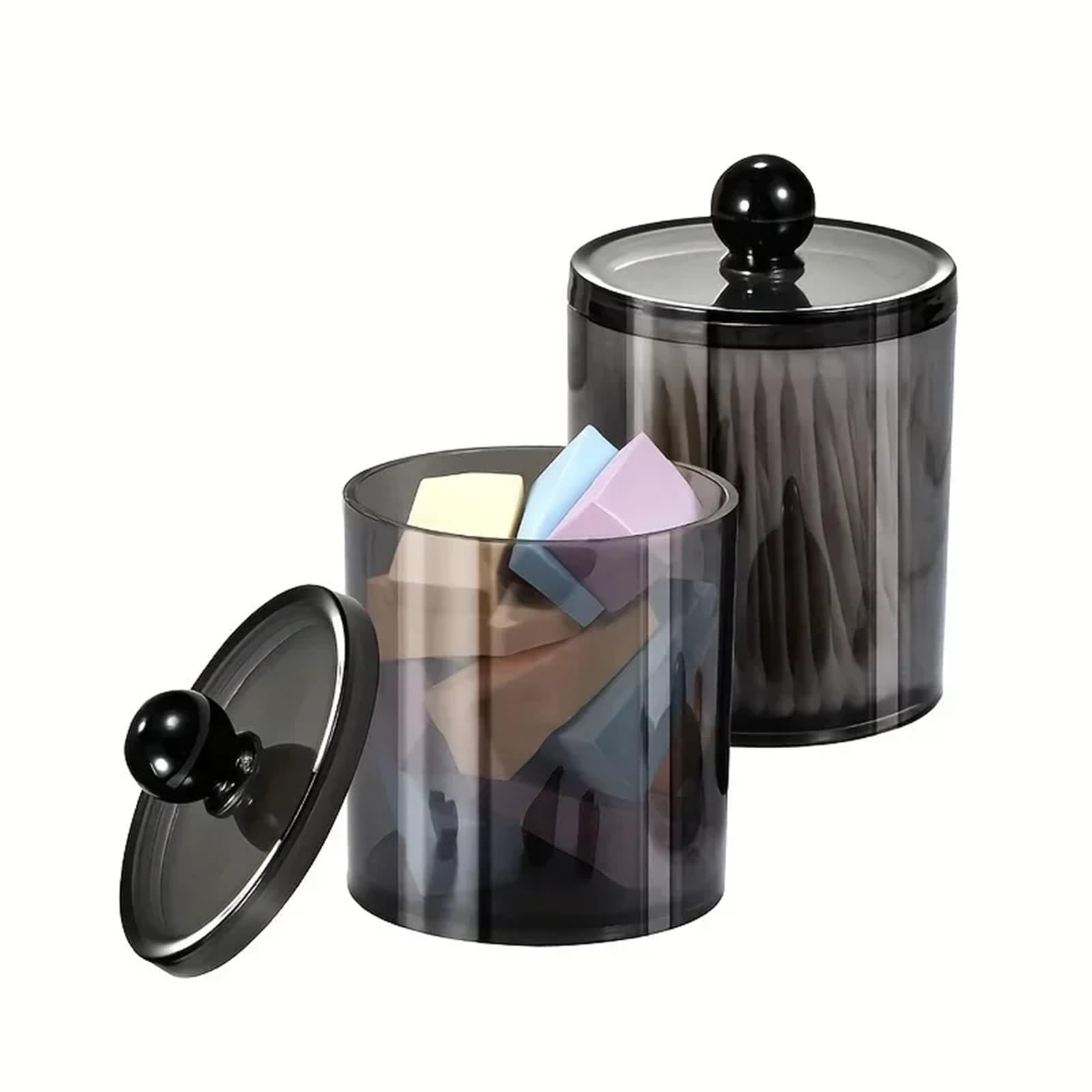 AHUFGN Cotton Pad Holder 2/3/4 Pack Qtip Dispenser Apothecary Jars Bathroom Jar 10 Oz Black Plastic Holder Storage Box For Cotton Ball, Swab(2pcs)