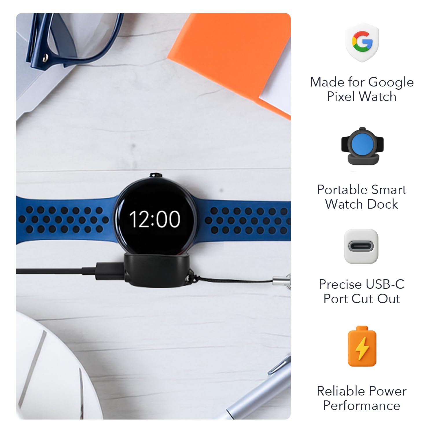 Wasserstein On-The-Go Charger Compatible with Google Pixel Watch 4 (41mm & 45mm) - Portable Charging Dock - Made for Google - NOT Compatible with Pixel Watch, 2 & 3 — view 7