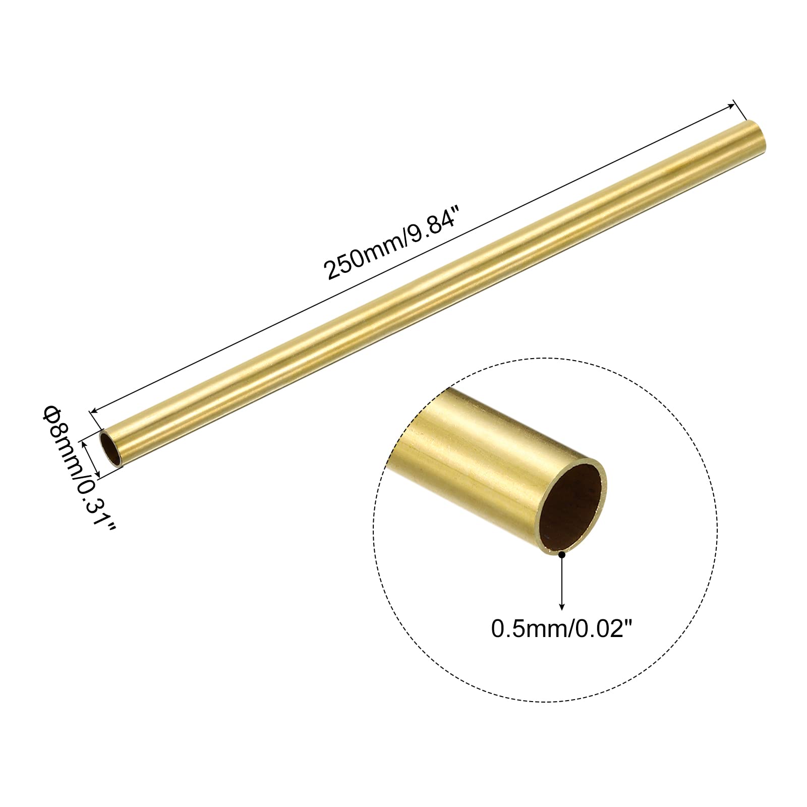 QUARKZMAN Ottone Tubo 8mm OD 0.5mm Parete 250mm Lunghezza Rotondo Tubazione 2pz
