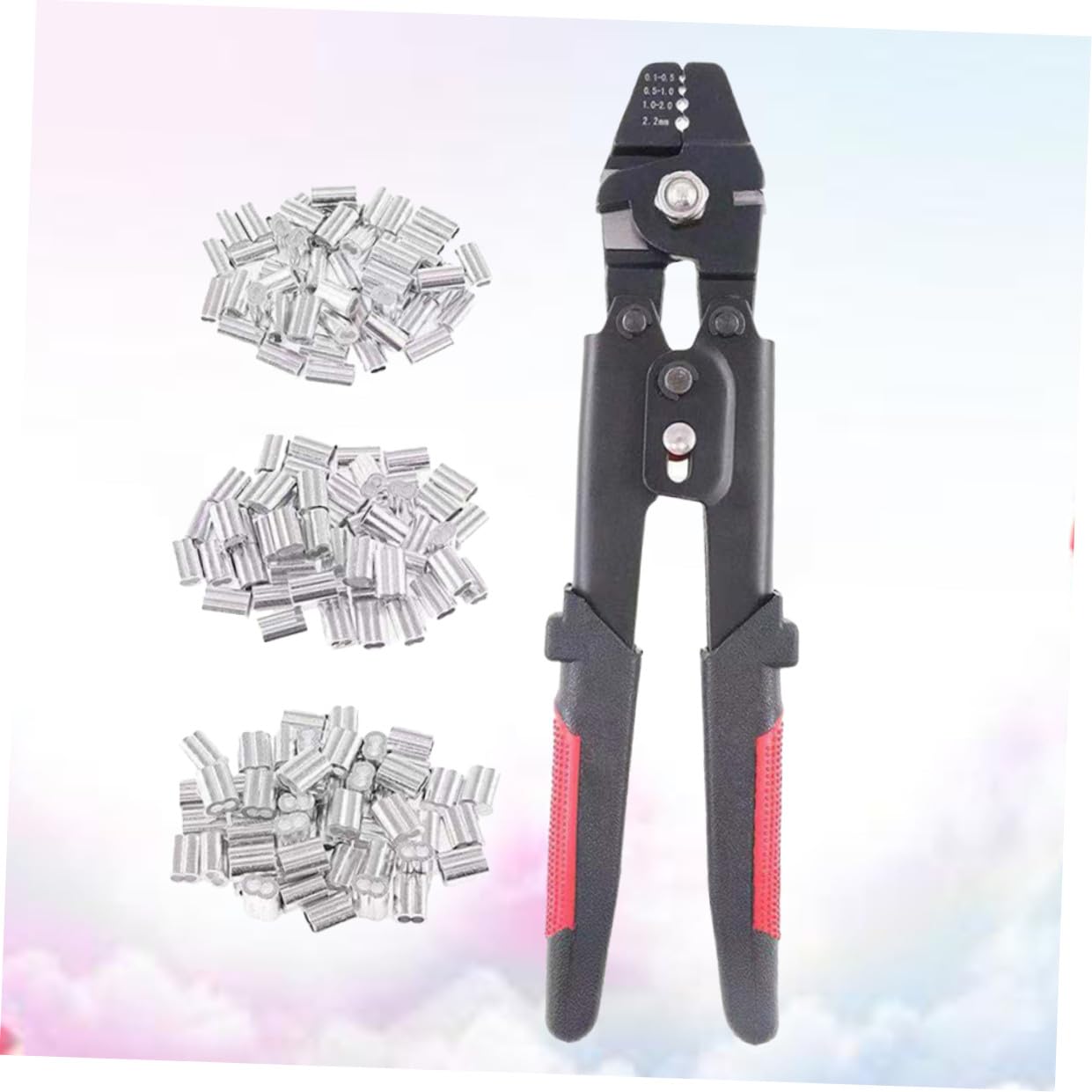 Sosoport Pinza Crimpatrice per Funi con Tubo Manicotto in Alluminio, Strumento Manuale con Impugnatura Antiscivolo e Blocco di Sicurezza, Kit con 180 Manicotti per Pesca e Cavi Metallici