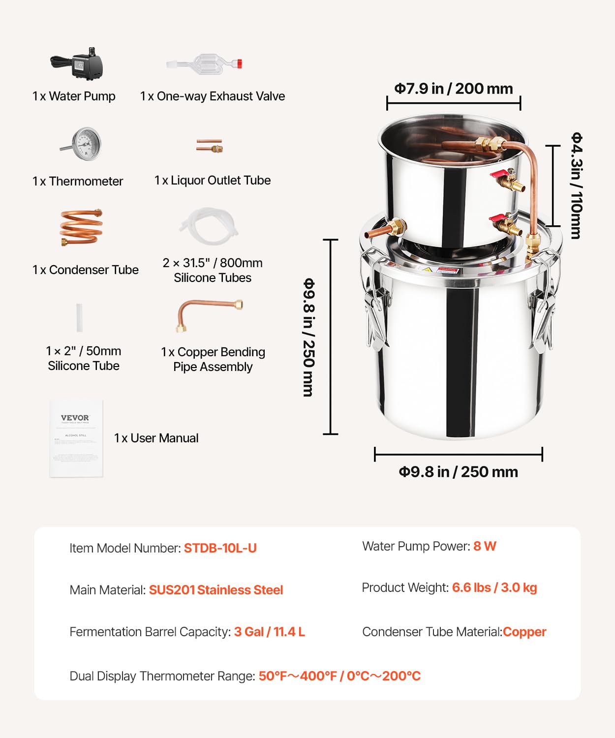 VEVOR Distillatore di Alcool 11,4 L Distillatore di Alcool Acqua in Acciaio Inossidabile con Bobina di Rame, Kit di Fermentazione per Raffinazione Birra Fatta in Casa con Termometro e Pompa, Argento